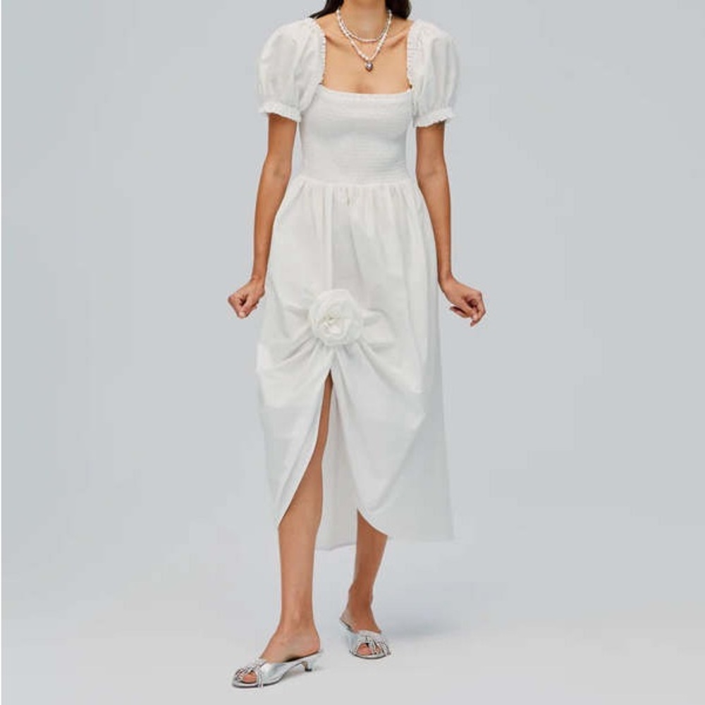 Sleeper Brigitte Cotton Dress With Rose Detail in White